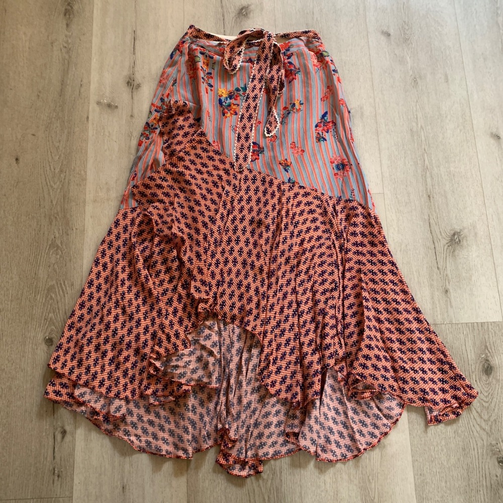 Bhanuni by Jyoti Mixed Print High Low Maxi Skirt Floral Geometric Orange‎ Blue 8